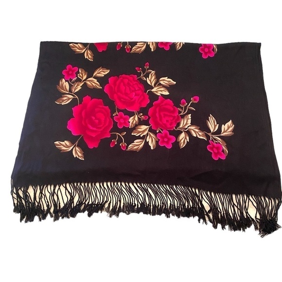 Black Floral Scarf Wrap Pashmina with Fringe